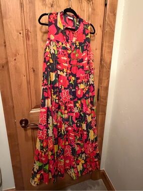 Asha XL Vibrant Floral V-Neck Dress — Red, Yellow & Green